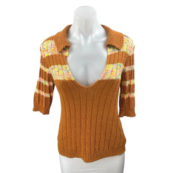 Free People Sweaters - Free People Now and Then Brown Multicolor Striped Short Sleeve Knit Sweater Sz M